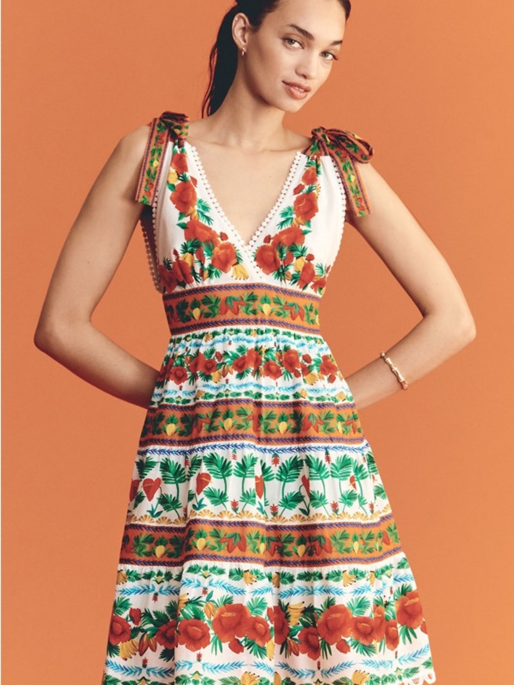 FARM Rio White Dress with Red & Green Floral Trim